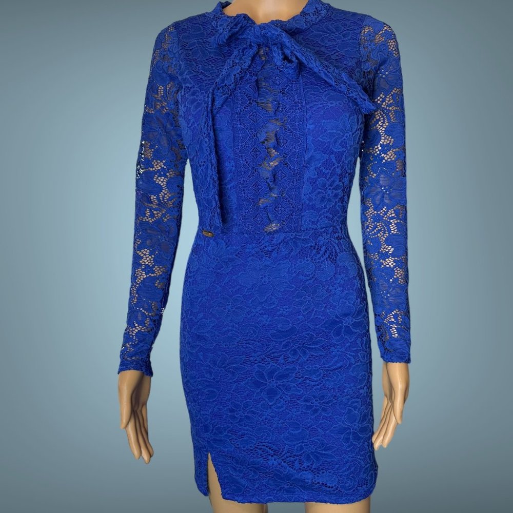Carol Catugy Full Lace Bodycon Dress Medium Blue Backless Bow High Neck Stretch